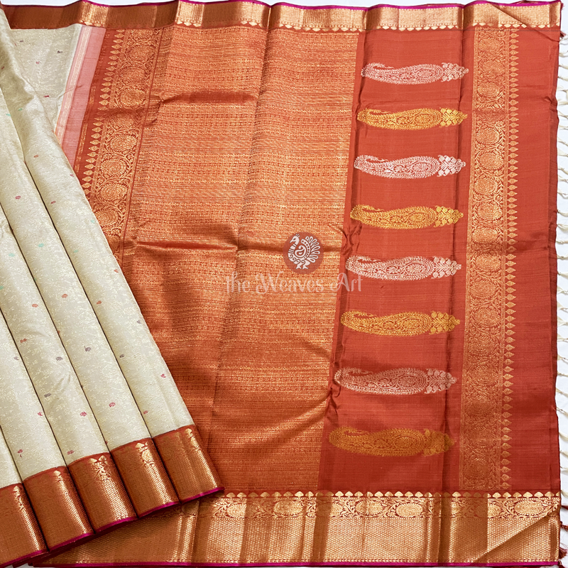Cream-Orange-Kanchipuram Pure Silk Saree