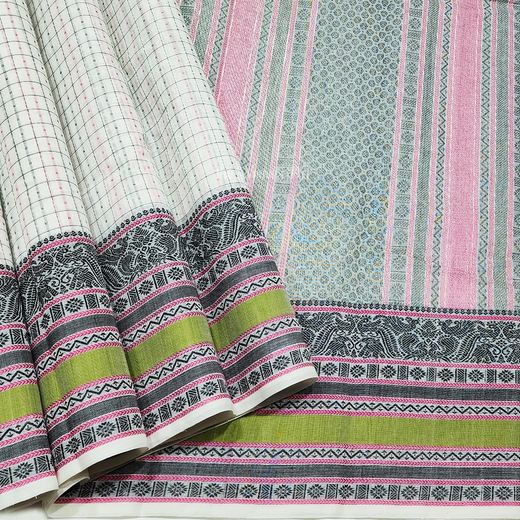 Cream Color Kanchi Cotton Checks Saree