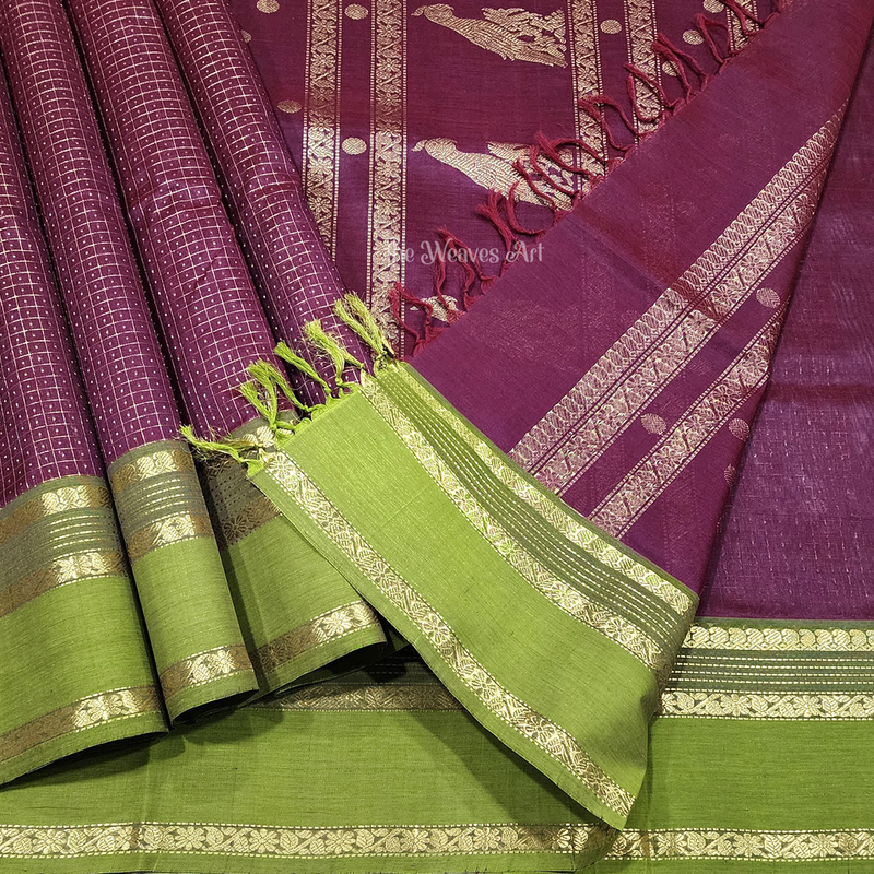 Mahati - Handloom Lakshadeepam Kanchi Silk Cotton Saree with Kalakshetra Kili pallu