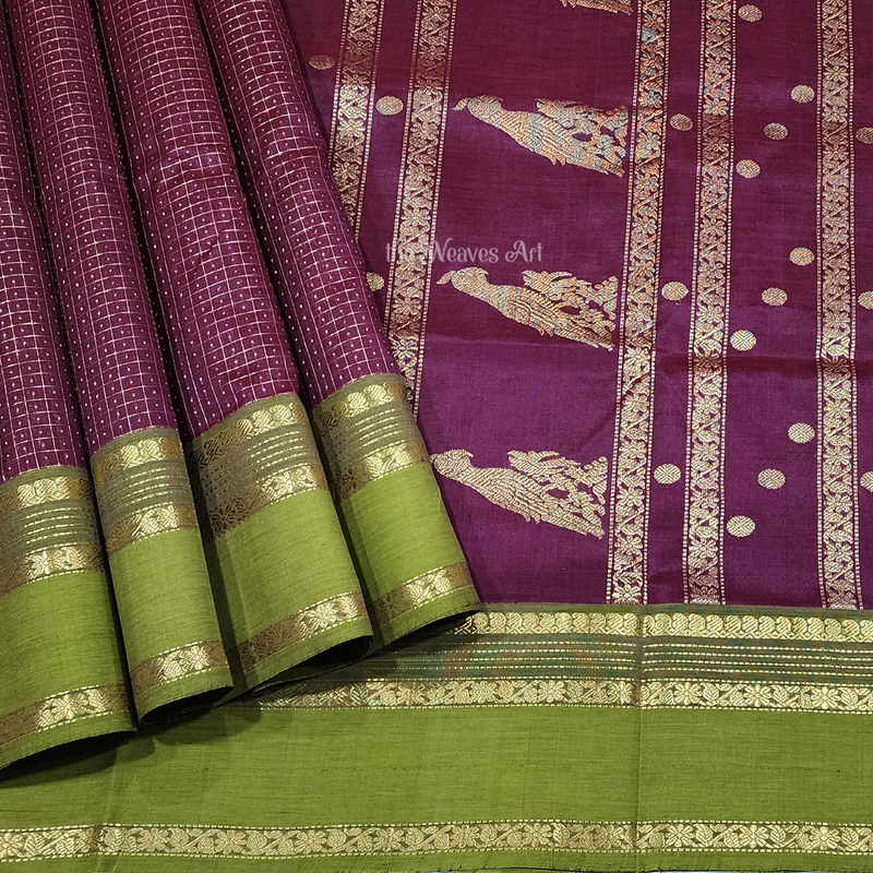 Mahati - Handloom Lakshadeepam Kanchi Silk Cotton Saree with Kalakshetra Kili pallu