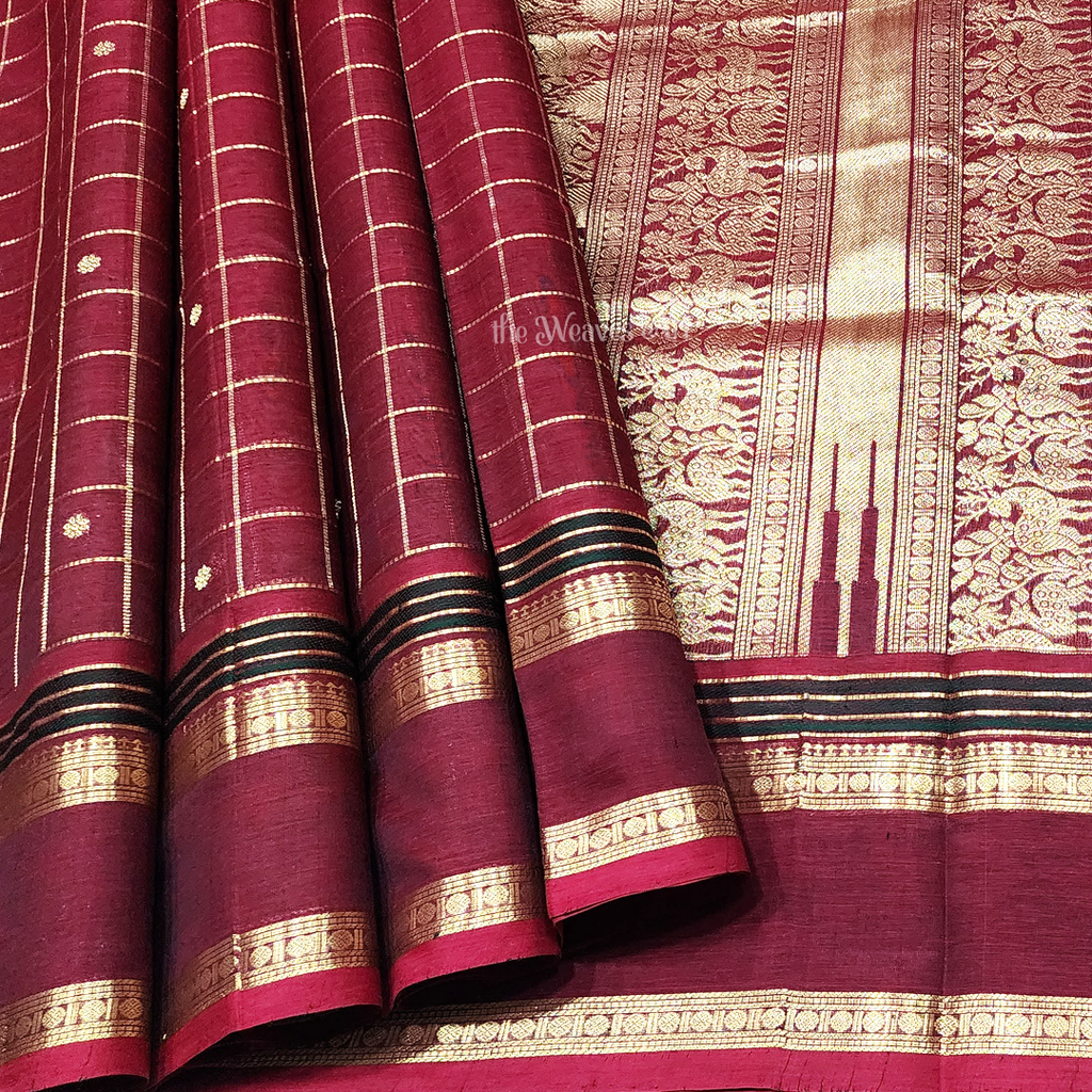 Maroon Checks Kanchi Silk Cotton Saree