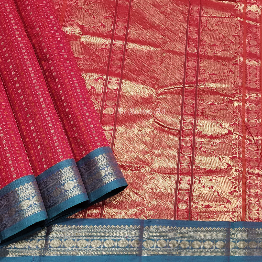 Red Kanchi Cotton Saree with Zari